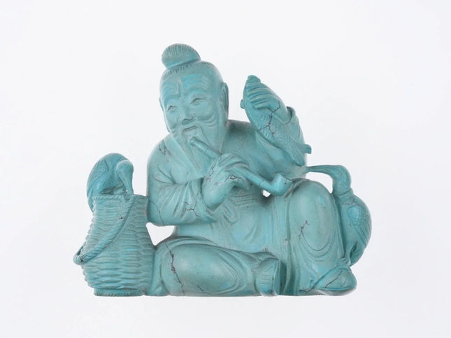 Antique Chinese carved Hubei Turquoise fisherman figure on silver wire inlaid st - Estate Fresh Austin