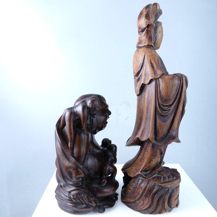 Antique Chinese Carved Wood Buddha and Guanyin Bodhisattva - Estate Fresh Austin