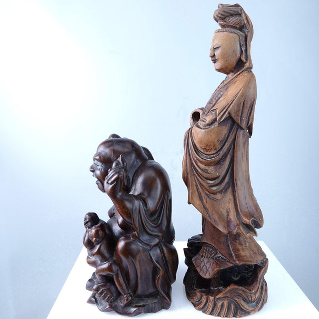 Antique Chinese Carved Wood Buddha and Guanyin Bodhisattva - Estate Fresh Austin