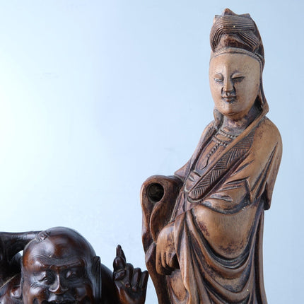 Antique Chinese Carved Wood Buddha and Guanyin Bodhisattva - Estate Fresh Austin