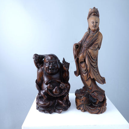 Antique Chinese Carved Wood Buddha and Guanyin Bodhisattva - Estate Fresh Austin