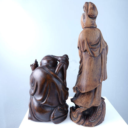 Antique Chinese Carved Wood Buddha and Guanyin Bodhisattva - Estate Fresh Austin