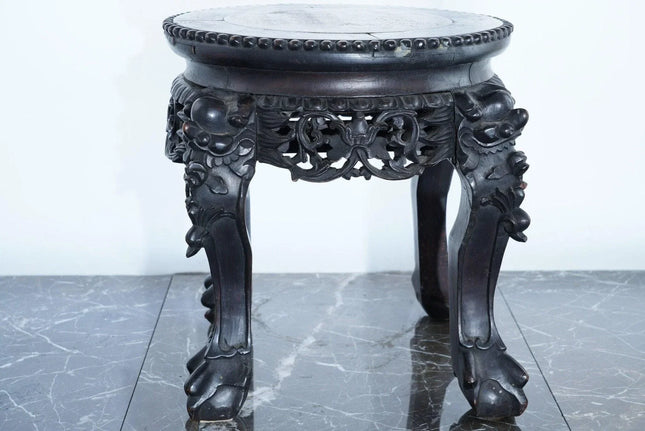 Antique Chinese Carved Wood stand with marble insert - Estate Fresh Austin