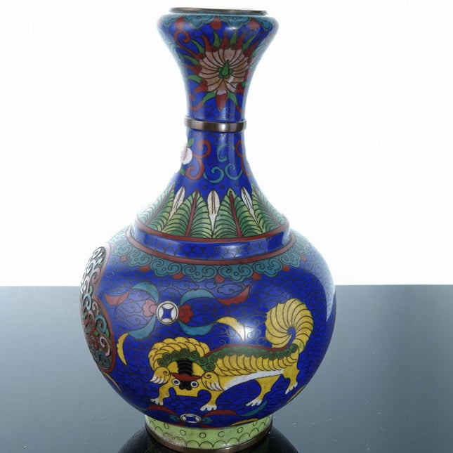 Antique Chinese Cloisonne Bottle Form Vase with Foo lions - Estate Fresh Austin