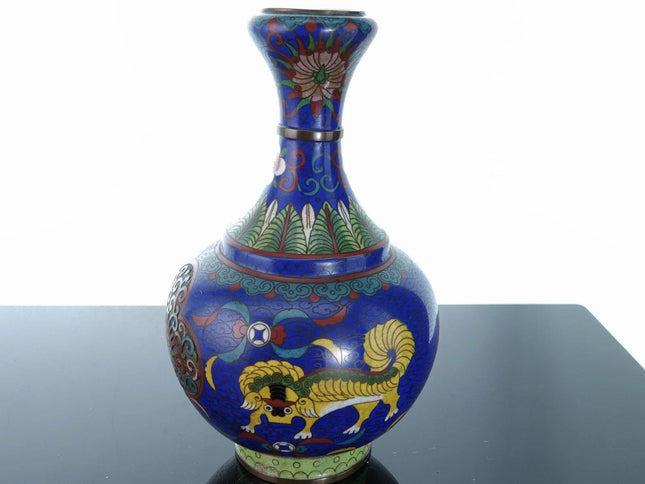 Antique Chinese Cloisonne Bottle Form Vase with Foo lions - Estate Fresh Austin