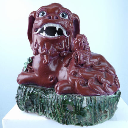 Antique Chinese Copper Red Glazed Porcelain Foo lion with pup Figure - Estate Fresh Austin