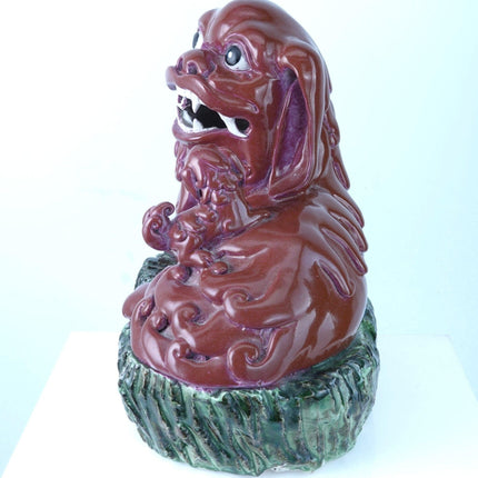 Antique Chinese Copper Red Glazed Porcelain Foo lion with pup Figure - Estate Fresh Austin