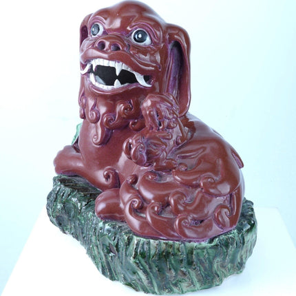 Antique Chinese Copper Red Glazed Porcelain Foo lion with pup Figure - Estate Fresh Austin