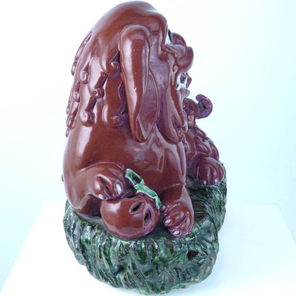 Antique Chinese Copper Red Glazed Porcelain Foo lion with pup Figure - Estate Fresh Austin