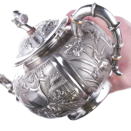 Antique chinese export silver teapot with amazing repousse work - Estate Fresh Austin