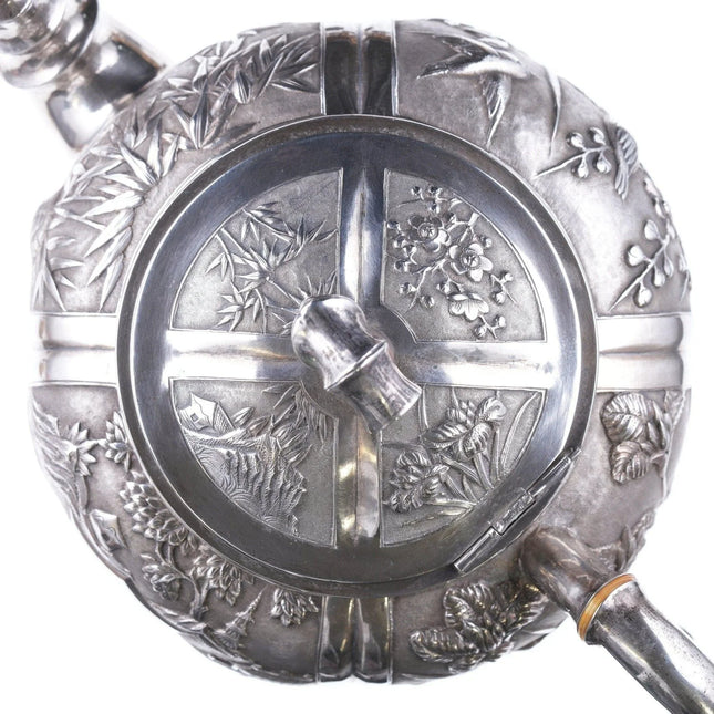 Antique chinese export silver teapot with amazing repousse work - Estate Fresh Austin