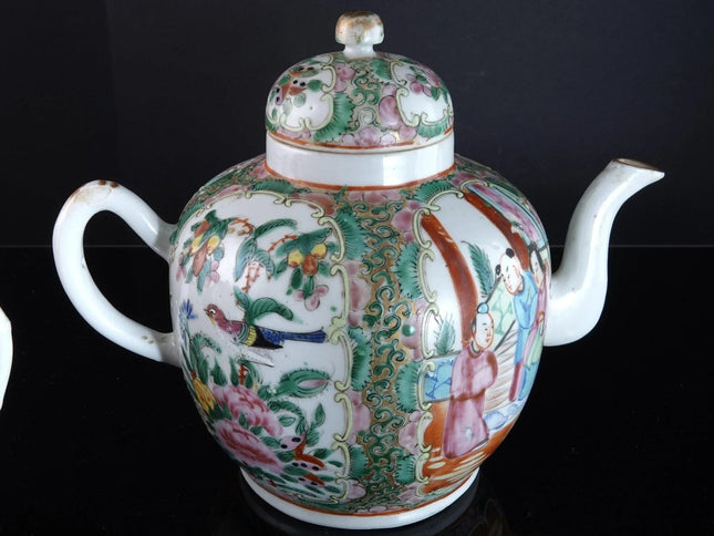 Antique Chinese Famille Rose Medallion Teapot Creamer and Sugar - Estate Fresh Austin