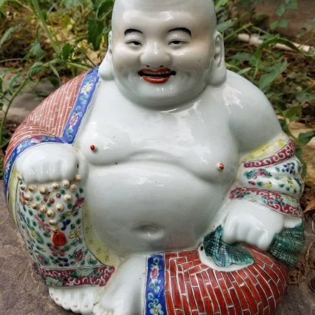 Antique Chinese Famille Rose Porcelain Happy Buddha Statue 10.5" tall x 11.25" w - Estate Fresh Austin