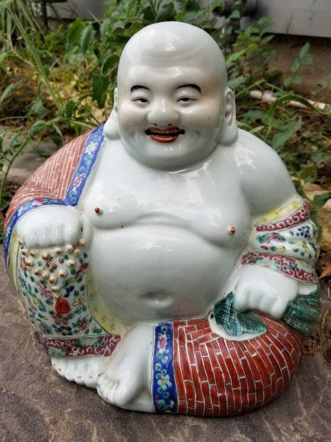 Antique Chinese Famille Rose Porcelain Happy Buddha Statue 10.5" tall x 11.25" w - Estate Fresh Austin