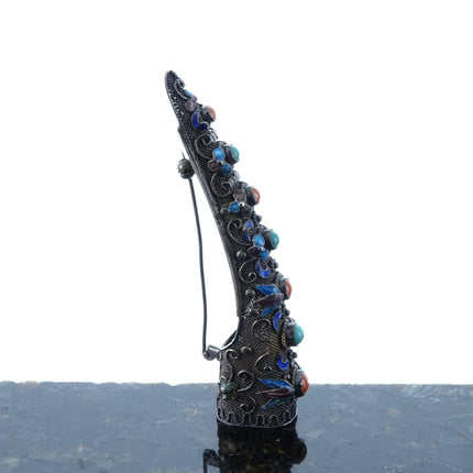 Antique Chinese Filigree Silver Enamel Turquoise and Coral Fingernail Brooch pin - Estate Fresh Austin