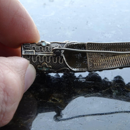 Antique Chinese Filigree Silver Enamel Turquoise and Coral Fingernail Brooch pin - Estate Fresh Austin