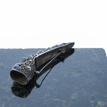 Antique Chinese Filigree Silver Enamel Turquoise and Coral Fingernail Brooch pin - Estate Fresh Austin