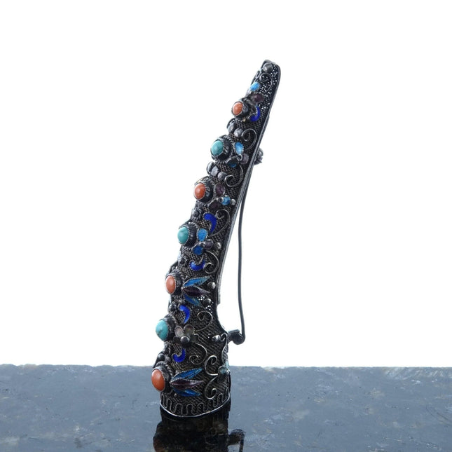 Antique Chinese Filigree Silver Enamel Turquoise and Coral Fingernail Brooch pin - Estate Fresh Austin