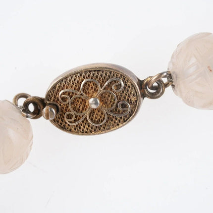 Antique Chinese foo lion silver repousse necklace with carved rose Quartz, turq - Estate Fresh Austin