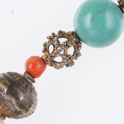 Antique Chinese foo lion silver repousse necklace with carved rose Quartz, turq - Estate Fresh Austin