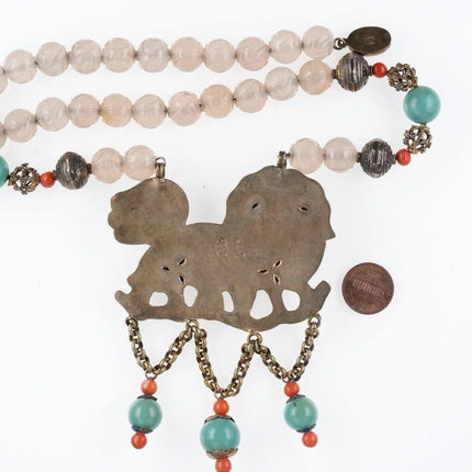 Antique Chinese foo lion silver repousse necklace with carved rose Quartz, turq - Estate Fresh Austin