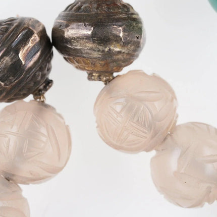 Antique Chinese foo lion silver repousse necklace with carved rose Quartz, turq - Estate Fresh Austin