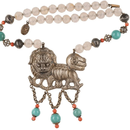 Antique Chinese foo lion silver repousse necklace with carved rose Quartz, turq - Estate Fresh Austin