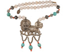 Antique Chinese foo lion silver repousse necklace with carved rose Quartz, turq - Estate Fresh Austin