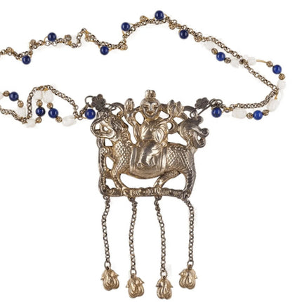 Antique Chinese Gilt Silver Kylin Necklace with lapis and carved coral beads - Estate Fresh Austin