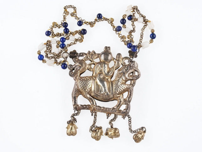 Antique Chinese Gilt Silver Kylin Necklace with lapis and carved coral beads - Estate Fresh Austin