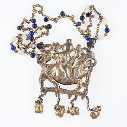 Antique Chinese Gilt Silver Kylin Necklace with lapis and carved coral beads - Estate Fresh Austin