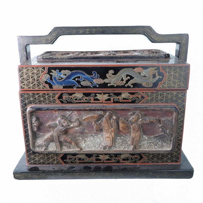 Antique Chinese Handled Box with Mica Inset Wood Carvings - Estate Fresh Austin