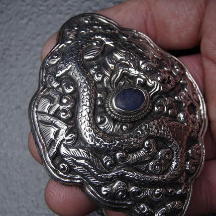 Antique Chinese Qing Dynasty Silver Dragon Belt Buckle later converted to Brooch pin - Estate Fresh Austin