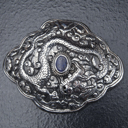 Antique Chinese Qing Dynasty Silver Dragon Belt Buckle later converted to Brooch pin - Estate Fresh Austin