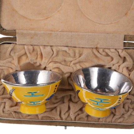 Antique Chinese Republic Period Silver lined porcelain Master salt dips in box - Estate Fresh Austin