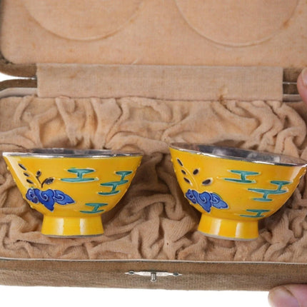 Antique Chinese Republic Period Silver lined porcelain Master salt dips in box - Estate Fresh Austin