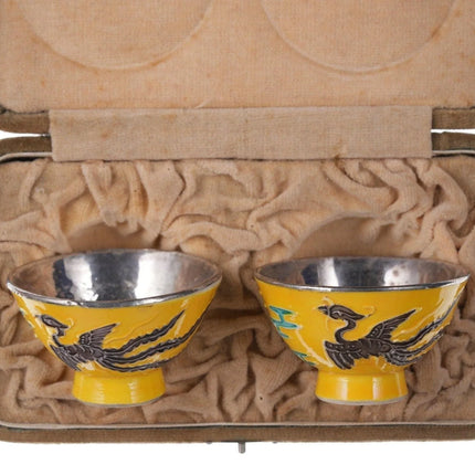 Antique Chinese Republic Period Silver lined porcelain Master salt dips in box - Estate Fresh Austin