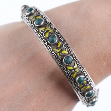 Antique Chinese Silver Enamel Butterfly Malachite bangle bracelet - Estate Fresh Austin