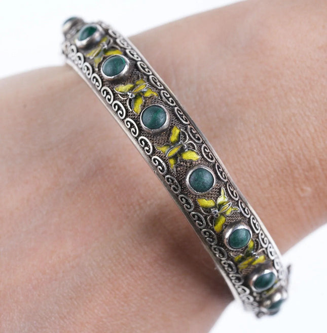 Antique Chinese Silver Enamel Butterfly Malachite bangle bracelet - Estate Fresh Austin