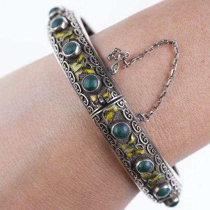 Antique Chinese Silver Enamel Butterfly Malachite bangle bracelet - Estate Fresh Austin