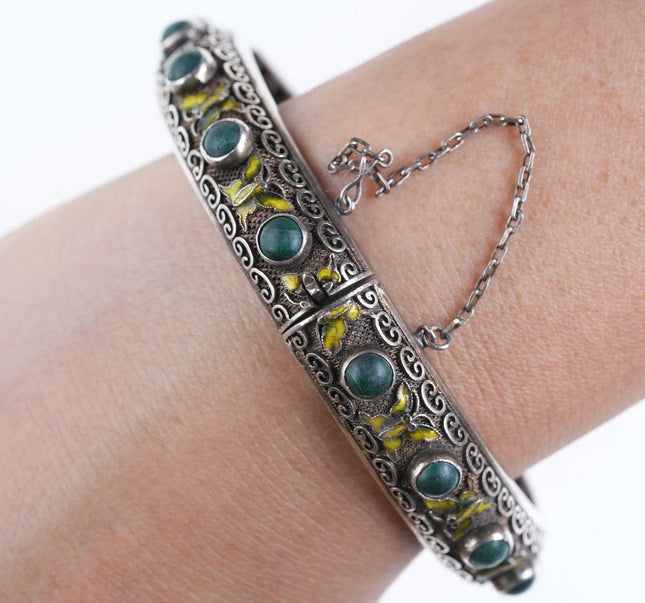 Antique Chinese Silver Enamel Butterfly Malachite bangle bracelet - Estate Fresh Austin