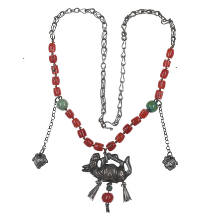 Antique Chinese white donkey of Zhang Guolao silver and coral necklace - Estate Fresh Austin