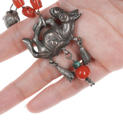Antique Chinese white donkey of Zhang Guolao silver and coral necklace - Estate Fresh Austin