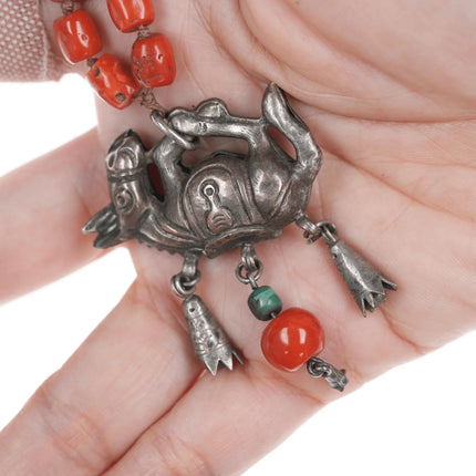 Antique Chinese white donkey of Zhang Guolao silver and coral necklace - Estate Fresh Austin