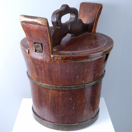 Antique Chinese Wooden Water Bucket with Puzzle Lid - Estate Fresh Austin