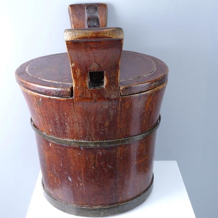 Antique Chinese Wooden Water Bucket with Puzzle Lid - Estate Fresh Austin