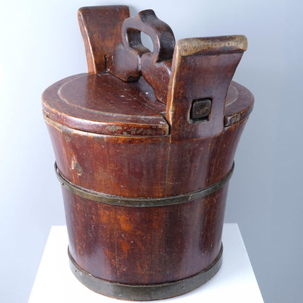 Antique Chinese Wooden Water Bucket with Puzzle Lid - Estate Fresh Austin