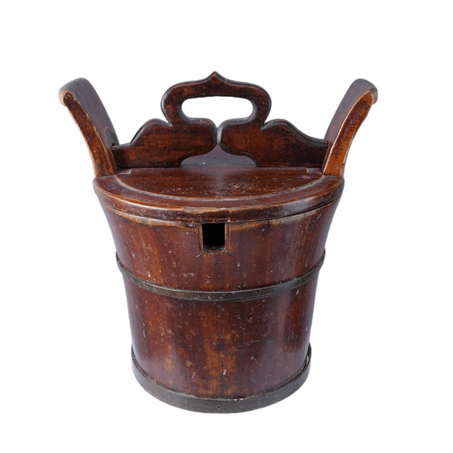 Antique Chinese Wooden Water Bucket with Puzzle Lid - Estate Fresh Austin