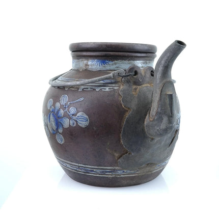 Antique Chinese Yixing Zisha Teapot Pewter Mounted Hand Enameled Decoration - Estate Fresh Austin