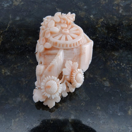 Antique chinoisiere 18k white gold carved coral watermill with peony flowers j. - Estate Fresh Austin